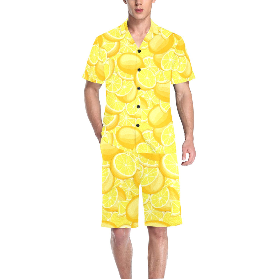 lemon pattern Men's V-Neck Short Pajama Set