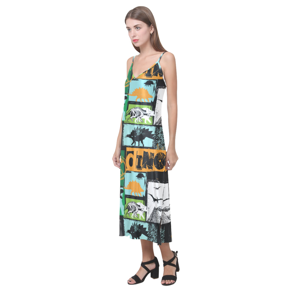 dinosaurs print pattern V-Neck Open Fork Long Dress