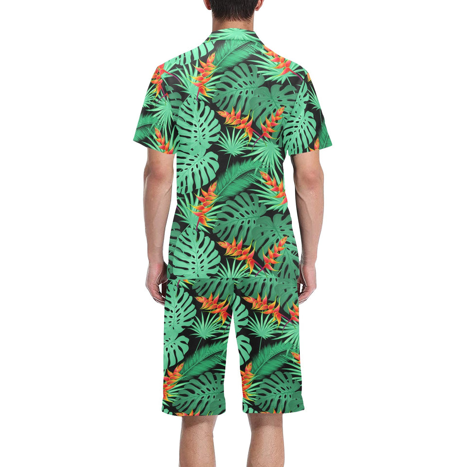 heliconia flower palm monstera leaves black backgr Men's V-Neck Short Pajama Set