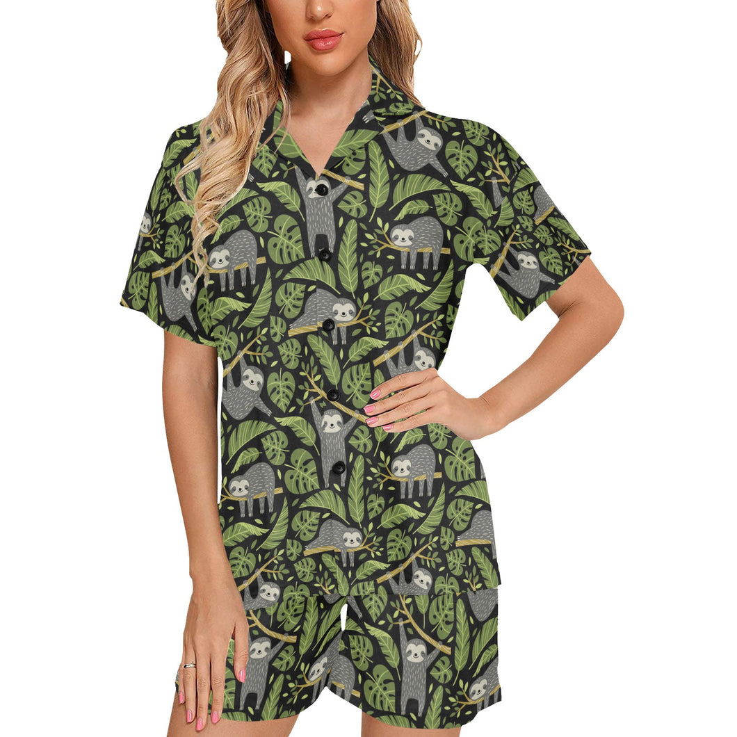 Cute sloths tropical palm leaves black background Women's V-Neck Short Pajama Set