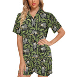 Cute sloths tropical palm leaves black background Women's V-Neck Short Pajama Set