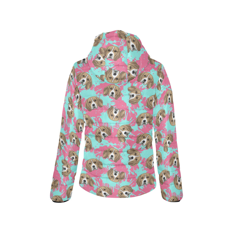 Beagle muzzles turquoise paint splashes pink patte Women's Padded Hooded Jacket