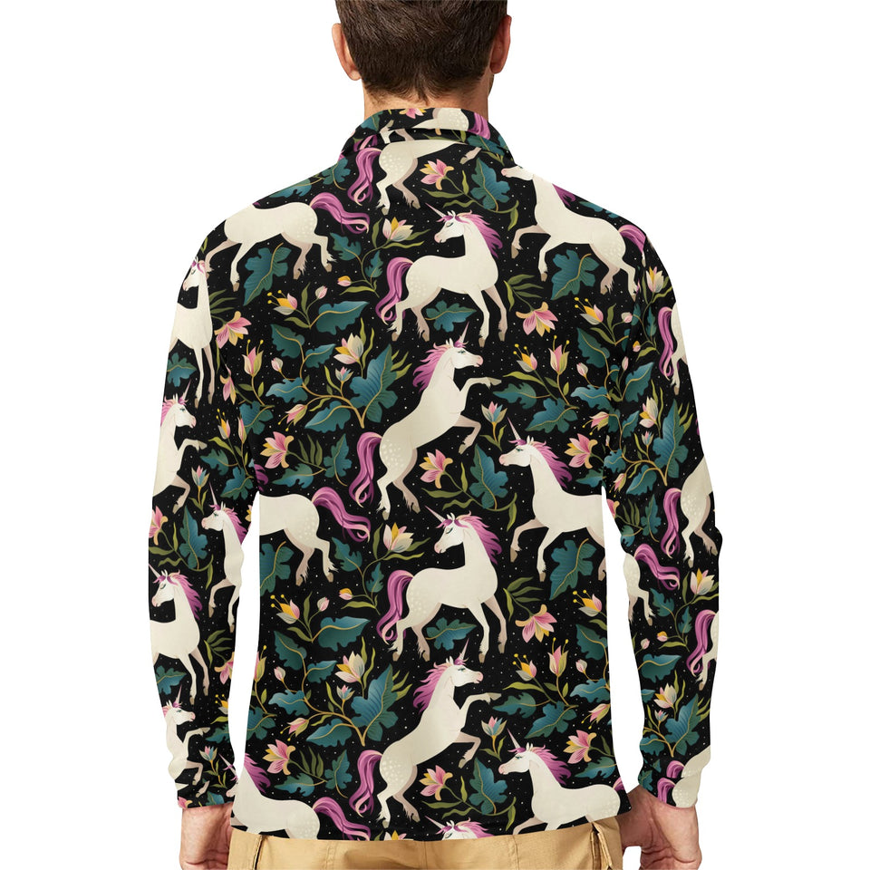 Unicorns forest background Men's Long Sleeve Polo Shirt