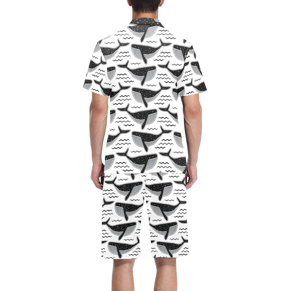 Black whale pattern Men's V-Neck Short Pajama Set