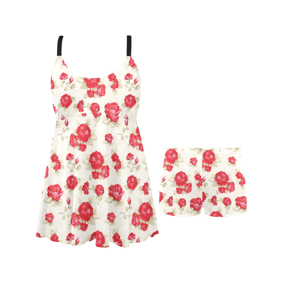 Rose Pattern Print Design 01 Chest Sexy Pleated Two Piece Swim Dress