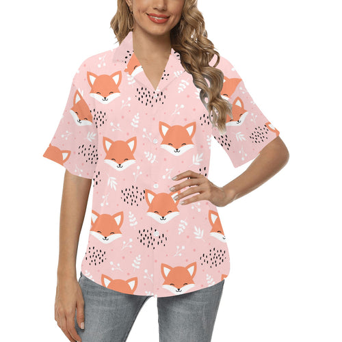 Cute fox pattern pink background Women's All Over Print Hawaiian Shirt