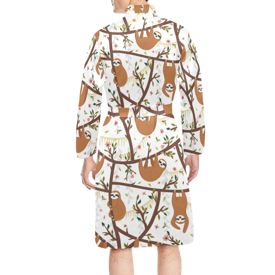Sloths hanging on the tree pattern Men's Long Sleeve Belted Night Robe