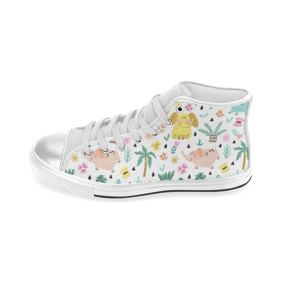 Cute elephants palm tree flower butterfly pattern Women's High Top Canvas Shoes White