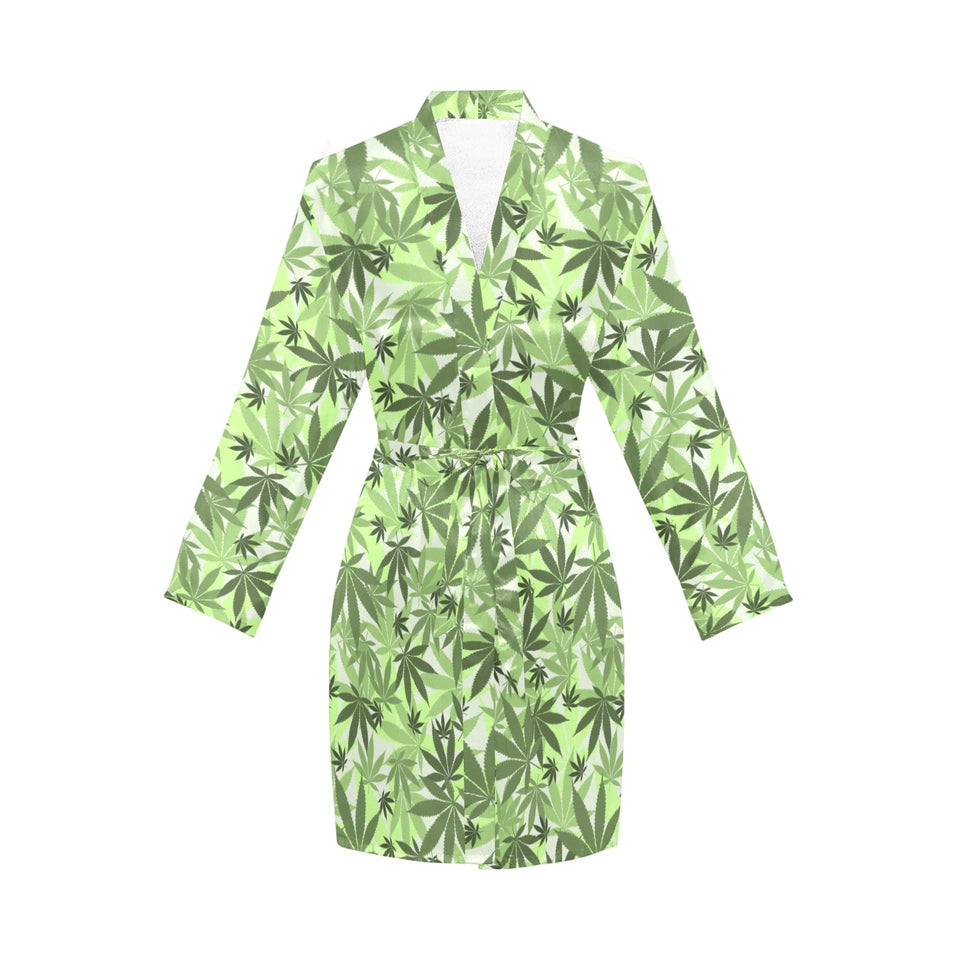 Canabis Marijuana Weed Pattern Print Design 01 Women's Long Sleeve Belted Night Robe