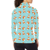 Fox pattern blue b ackground Women's Long Sleeve Polo Shirt
