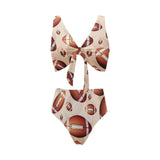 American football ball design pattern Chest Bowknot High Waisted Bikini Swimsuit