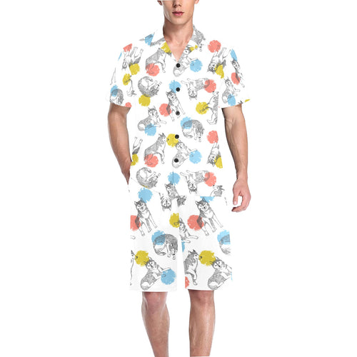 Siberian husky and colorful circle pattern Men's V-Neck Short Pajama Set