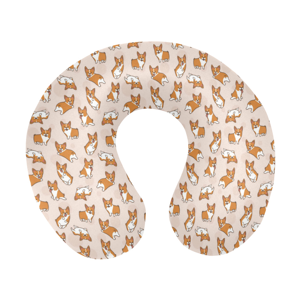 Cute Corgis Pattern pink background U-Shaped Travel Neck Pillow