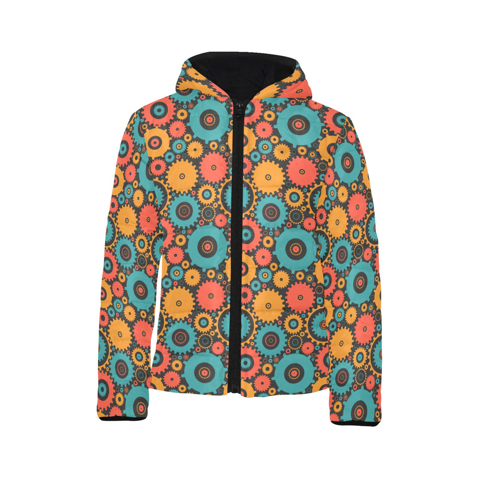 Gear Pattern Print Design 01 Kids' Boys' Girls' Padded Hooded Jacket