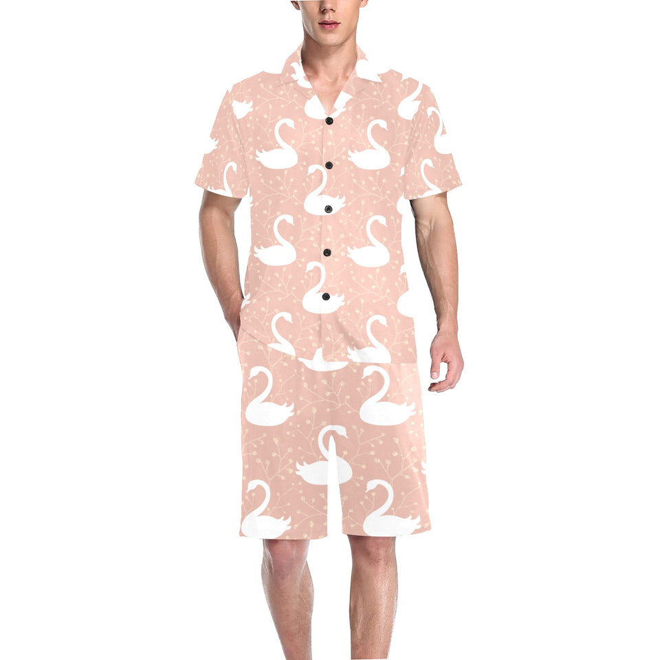 Swan flower light pink background Men's V-Neck Short Pajama Set