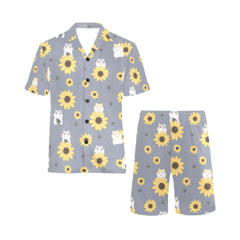 Cute hamster sunflower pattern background Men's V-Neck Short Pajama Set