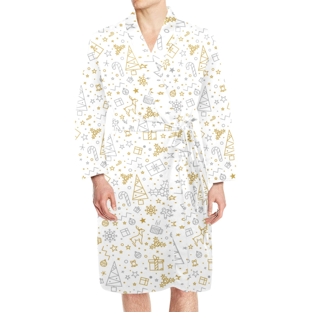 Christmas tree Christmas element Silver gold patte Men's Long Sleeve Belted Night Robe