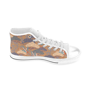 Bonsai bamboo stork japanese pattern brown theme Men's High Top Canvas Shoes White