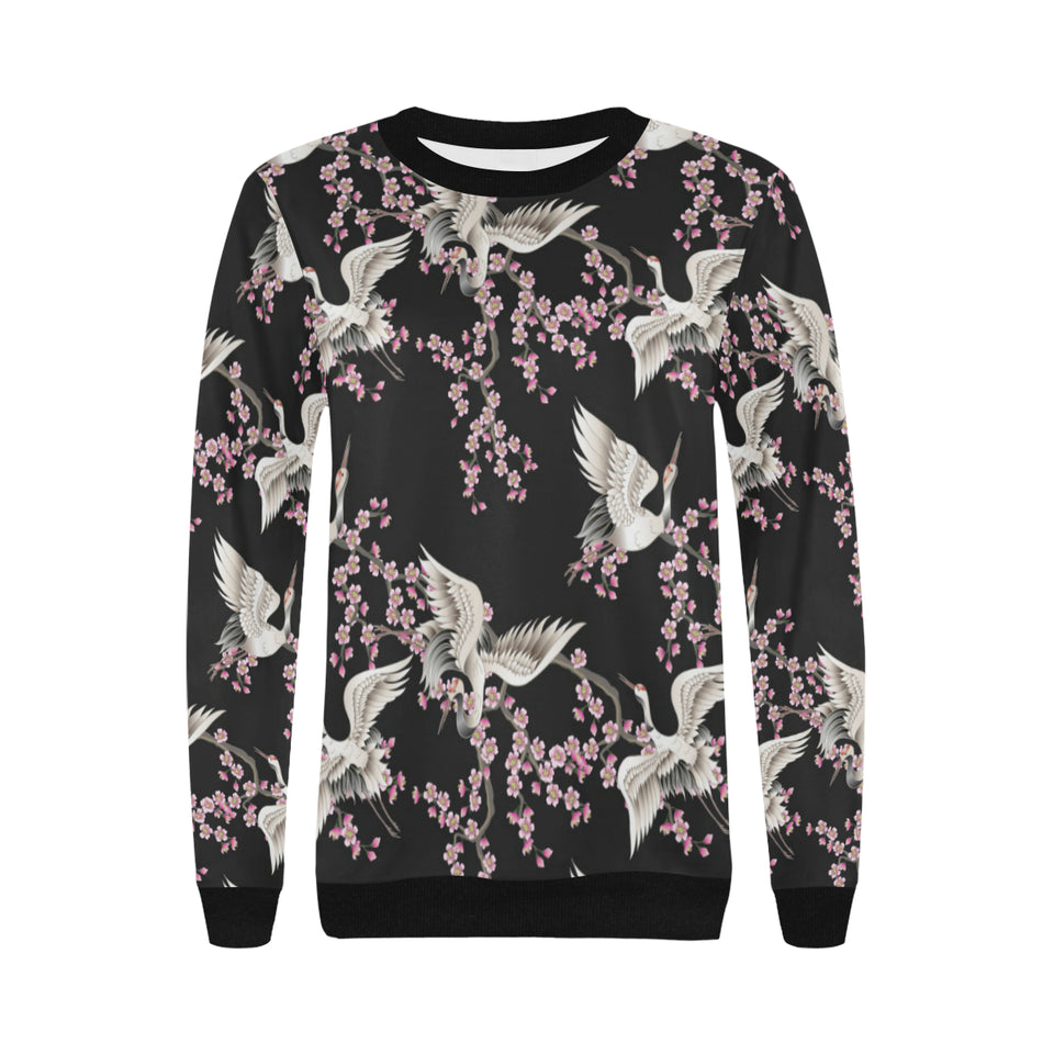 Japanese crane pink sakura pattern Women's Crew Neck Sweatshirt