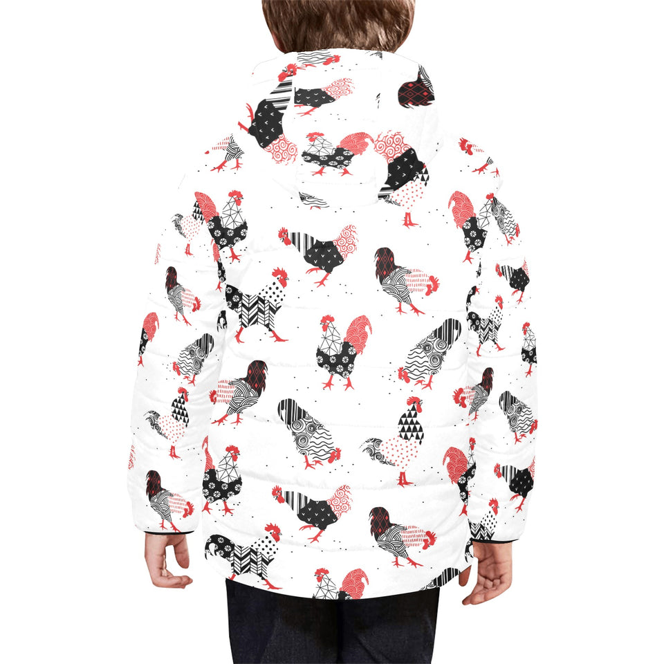 Cool rooster chicken cock floral ornament backgrou Kids' Boys' Girls' Padded Hooded Jacket