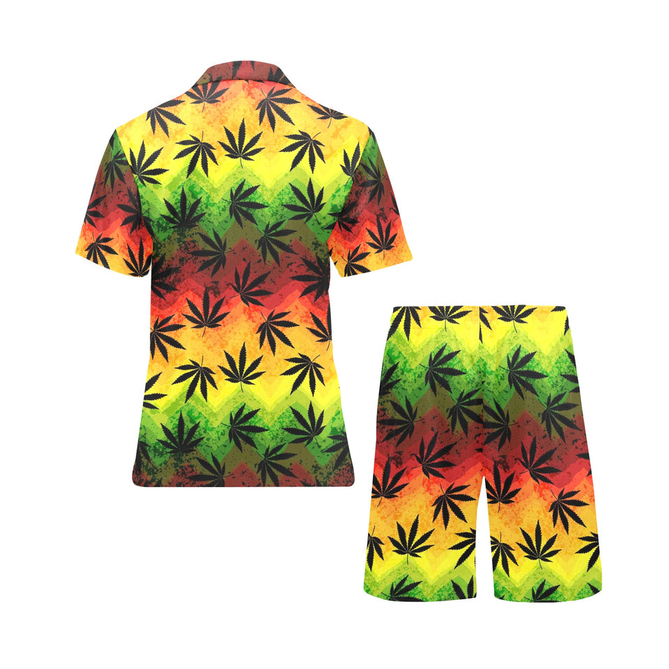 Canabis Marijuana Weed Pattern Print Design 03 Men's V-Neck Short Pajama Set