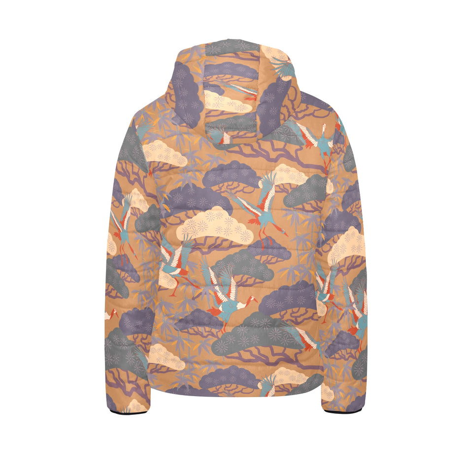 Bonsai bamboo stork japanese pattern brown theme Kids' Boys' Girls' Padded Hooded Jacket