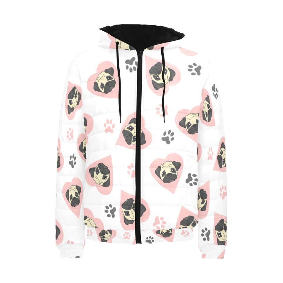 Cute pugs pink heart paw pattern Men's Padded Hooded Jacket