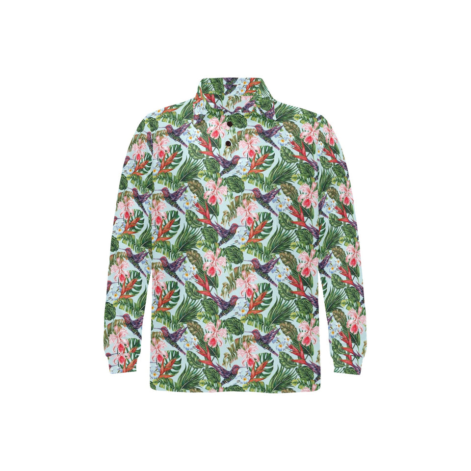 Hummingbird Pattern Print Design 05 Men's Long Sleeve Polo Shirt