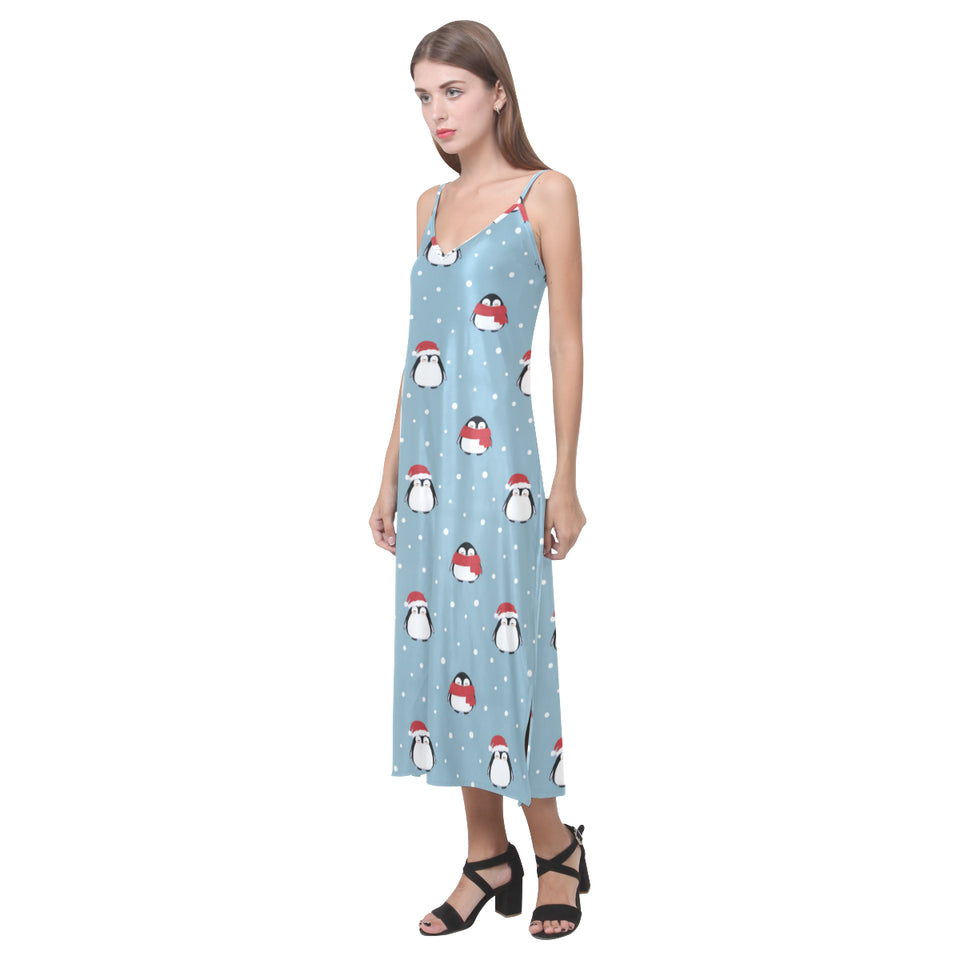 Cute penguin christmas snow pattern V-Neck Open Fork Long Dress