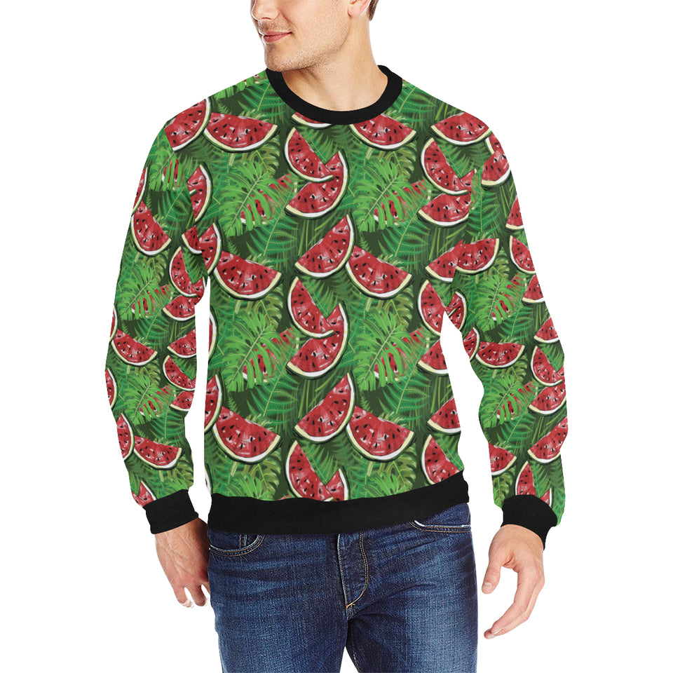 Watermelons tropical palm leaves pattern backgroun Men's Crew Neck Sweatshirt