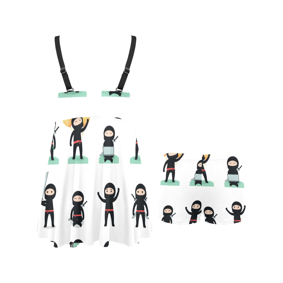 Cute ninja katana sword pattern Chest Sexy Pleated Two Piece Swim Dress