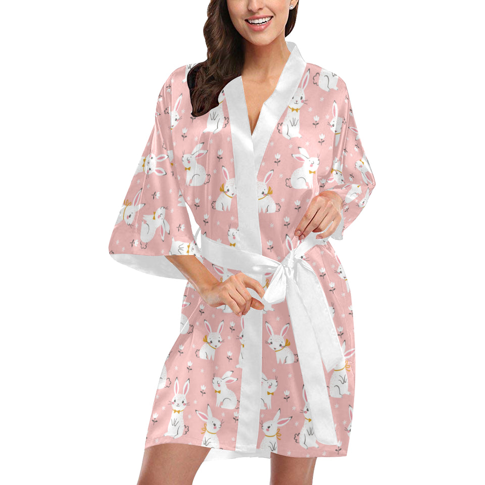 Cute white rabbit flower pink background Women's Short Kimono Robe