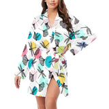 Dragonflies ginkgo leaves pattern Women's Long Sleeve Belted Night Robe