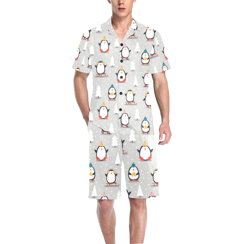 Cute Penguin christmas pattern Men's V-Neck Short Pajama Set