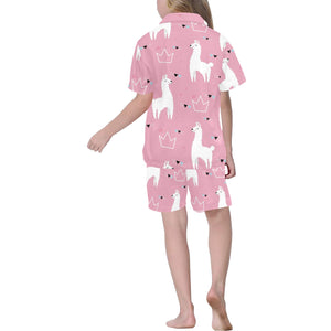 Llama Alpaca pink background Kids' Boys' Girls' V-Neck Short Pajama Set