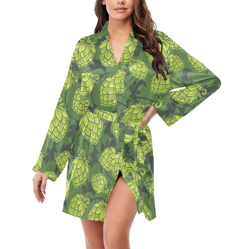 Hop pattern Hop cone background Women's Long Sleeve Belted Night Robe