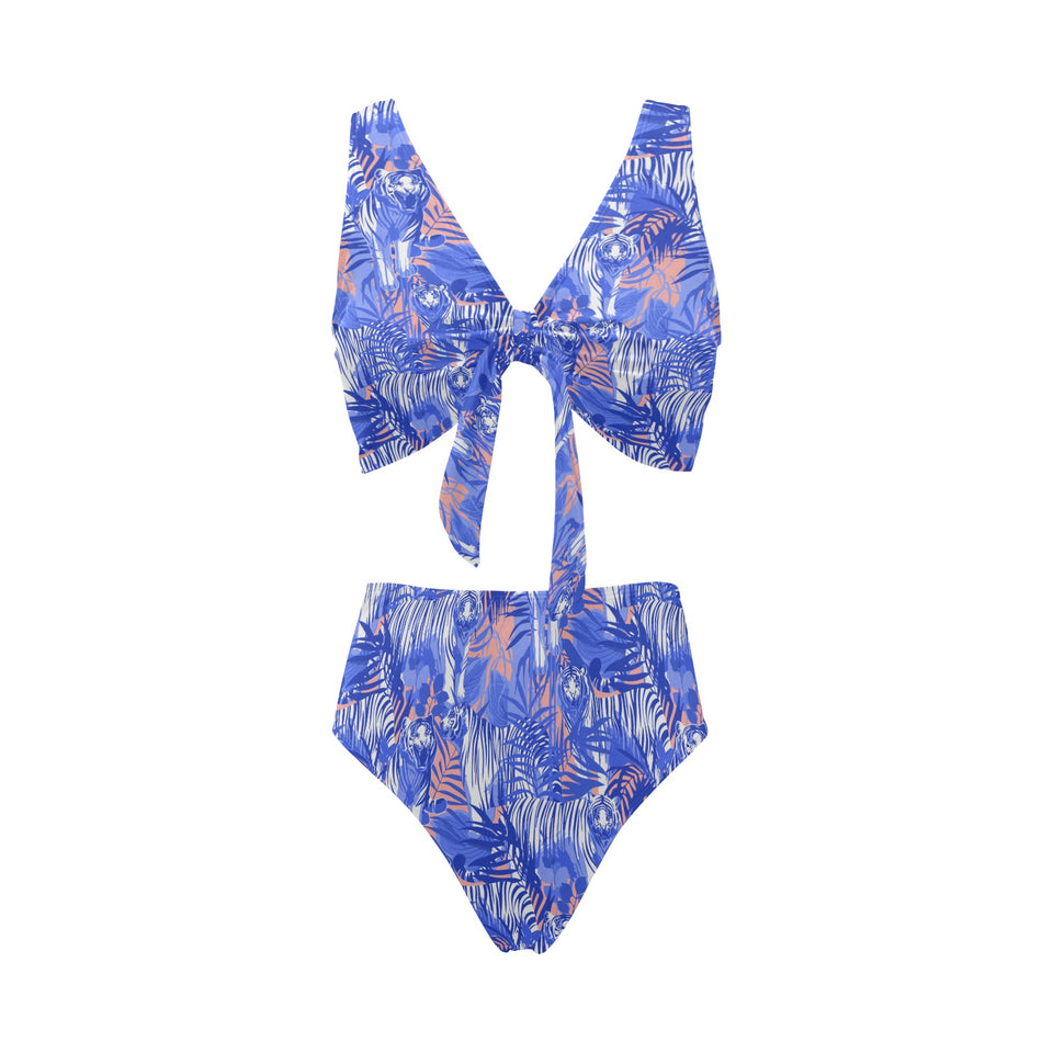 white bengal tigers pattern Chest Bowknot High Waisted Bikini Swimsuit