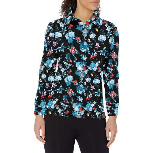 Skull flower roses leave pattern Women's Long Sleeve Polo Shirt