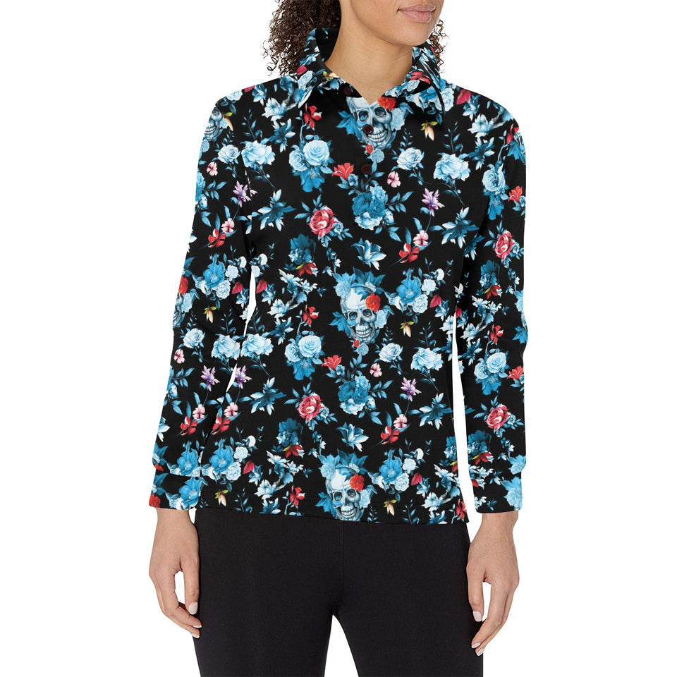 Skull flower roses leave pattern Women's Long Sleeve Polo Shirt