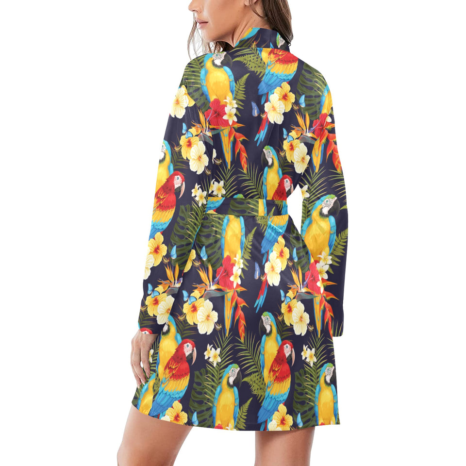 Colorful parrot flower pattern Women's Long Sleeve Belted Night Robe