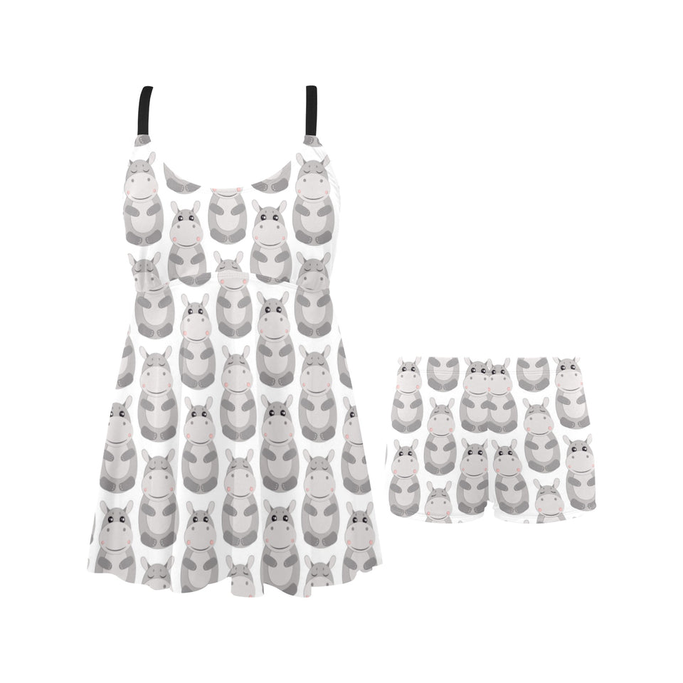 Hippopotamus Pattern Print Design 05 Chest Sexy Pleated Two Piece Swim Dress