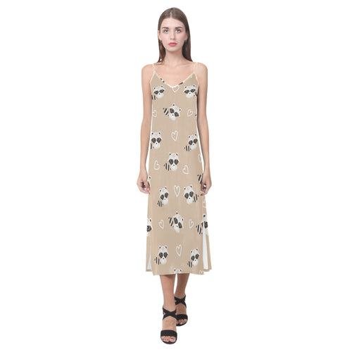 Cute raccoon heart pattern V-Neck Open Fork Long Dress