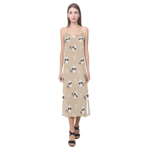 Cute raccoon heart pattern V-Neck Open Fork Long Dress