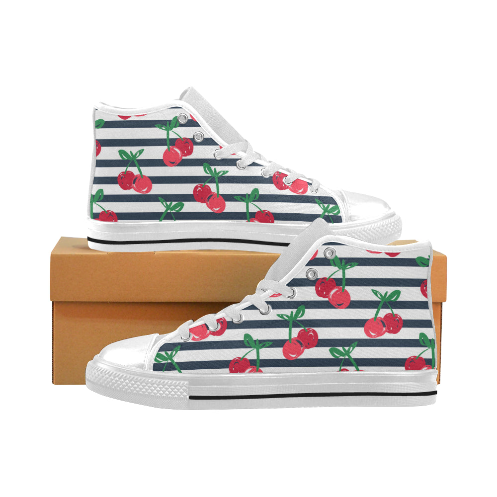 Hand drawn cherry pattern striped background Men's High Top Canvas Shoes White