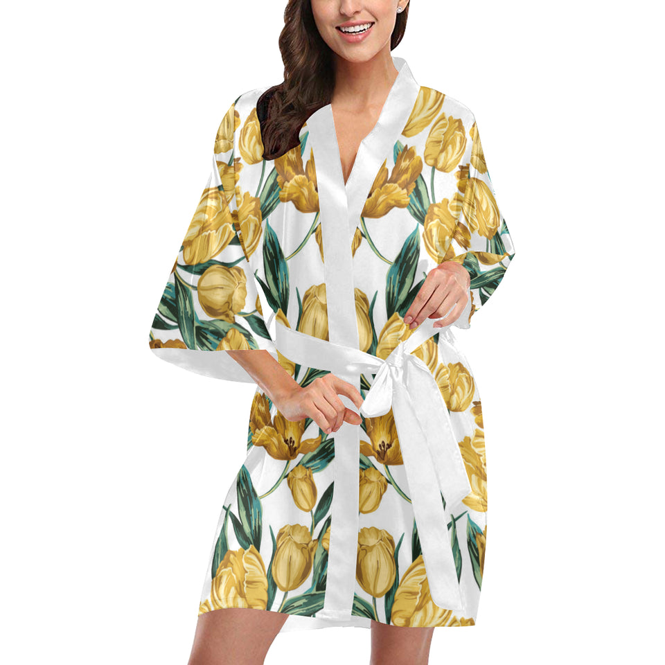 yellow tulips pattern Women's Short Kimono Robe