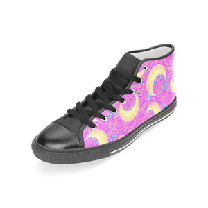 Moon pink rose background Women's High Top Canvas Shoes Black