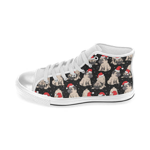 Christmas Pugs Santa_s red cap pattern Women's High Top Canvas Shoes White