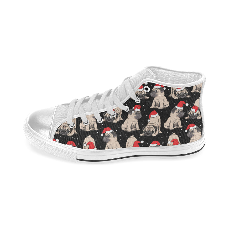 Christmas Pugs Santa_s red cap pattern Women's High Top Canvas Shoes White