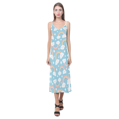 Cute rainbow clound star pattern blue background V-Neck Open Fork Long Dress