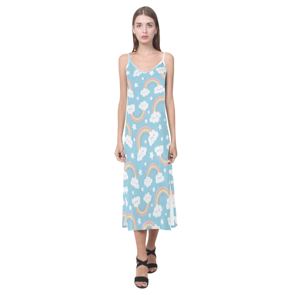 Cute rainbow clound star pattern blue background V-Neck Open Fork Long Dress